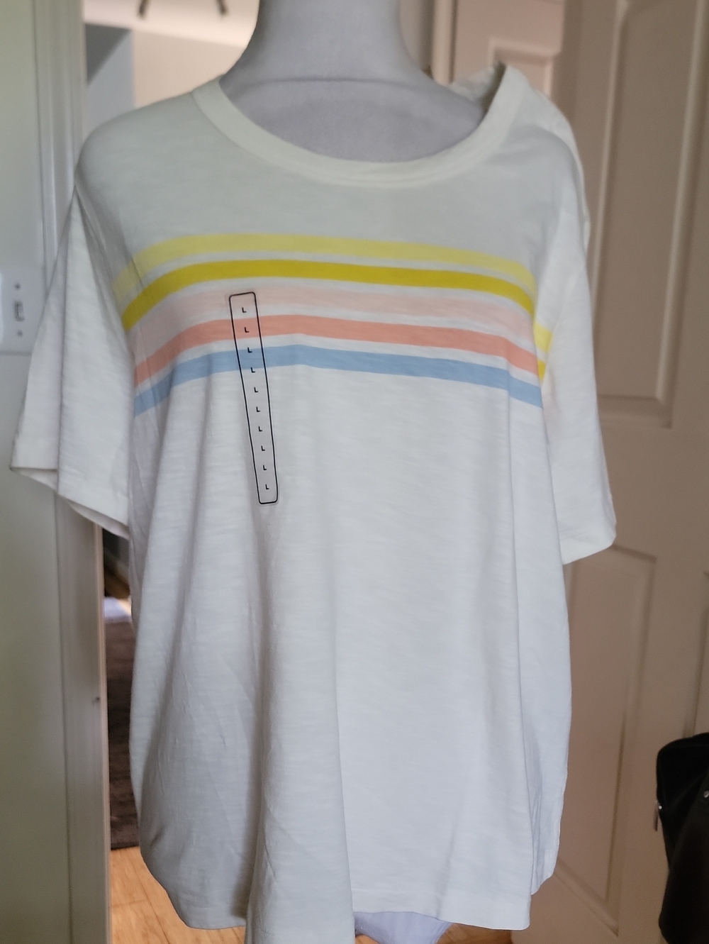 White Crew Neck Shirt with Pastel Stripe Detail